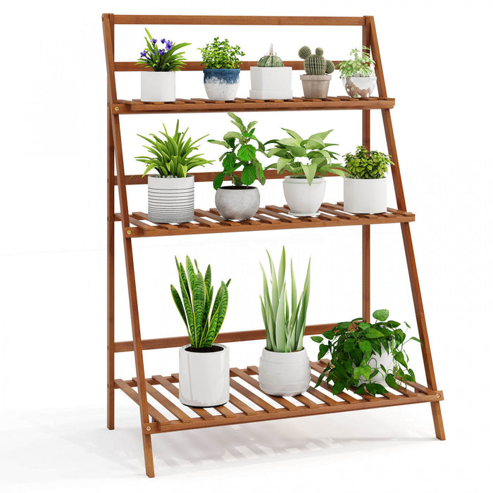 Costway 3 Tier Folding Shelf Stand Bamboo Flower Pot Display Rack Bookcase Organizer