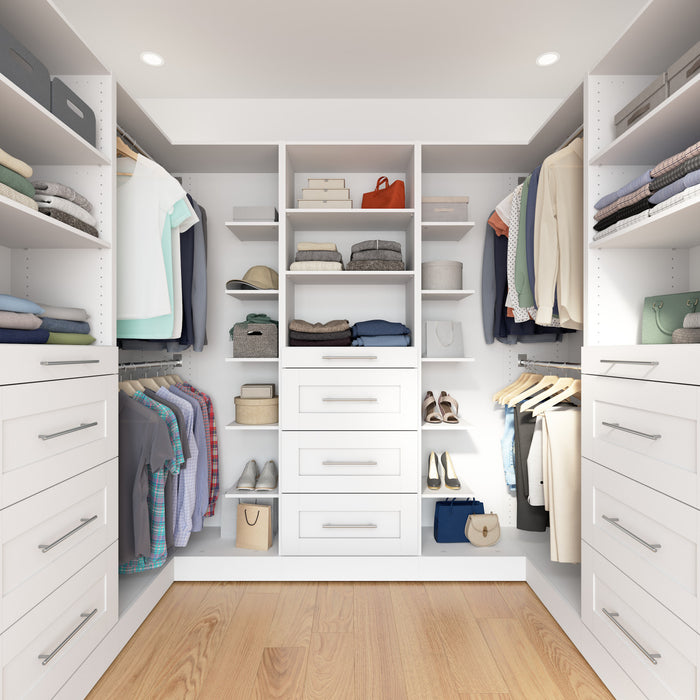 Bestar Florence 94\" Modular U-Shaped Shaker Walk-In Closet System with Rods and Storage - White