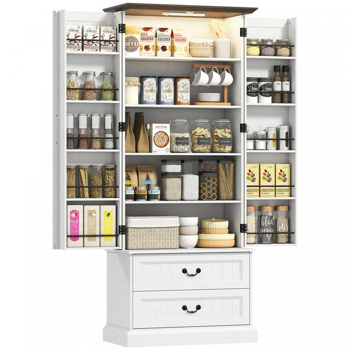 HOMCOM 72\" Kitchen Pantry Cabinet with LED Light and Door Shelves, White