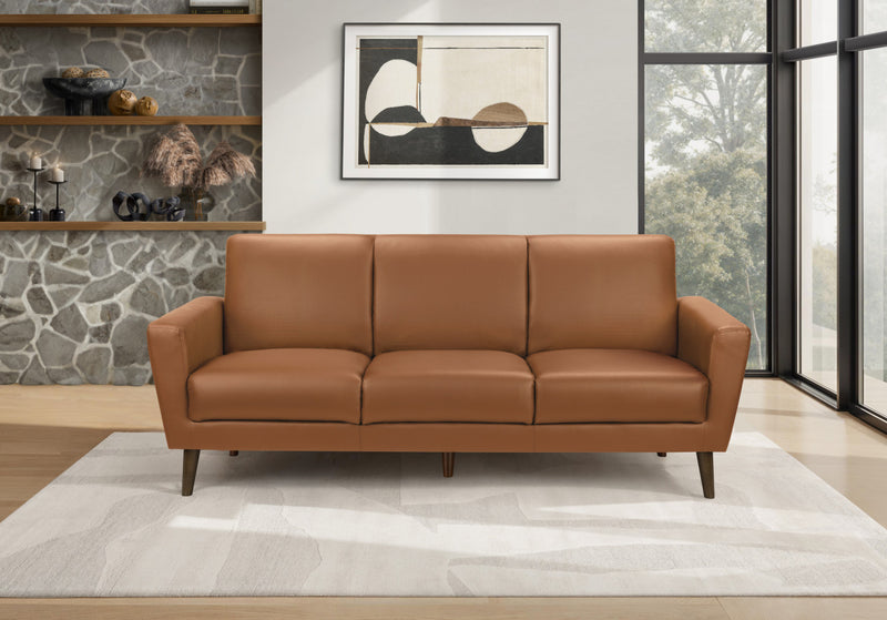 Upholstered Sofa, 77\"L, Brown Leather-Look, Walnut Solid Wood Legs, Mid-Century Modern Sofa