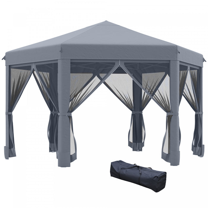Outsunny 12.5' Pop Up Gazebo Hexagonal Canopy Tent Outdoor Shelter Pavilion Sun Protection With Mesh Sidewalls, Handy Bag, Dark Grey