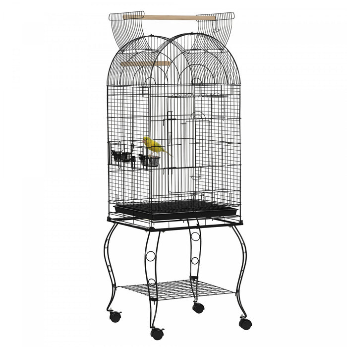 Pawhut 60\" Bird Cage With Openable Top, Large Parrot Cage With Rolling Stand, Wheels, Removable Tray, Bowls, Storage Shelf For Cockatie, Sun Conure, Black