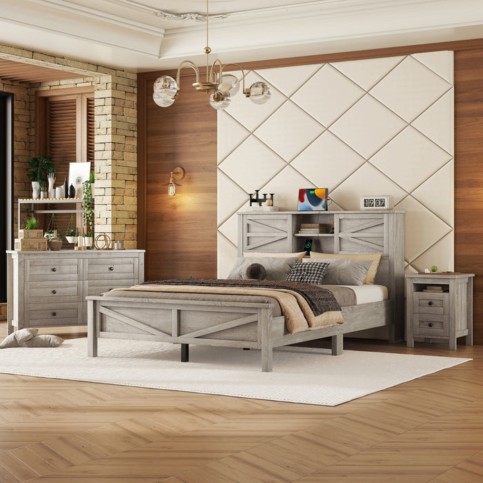 Madison Bedroom Set Farmhouse Platform Bed with Storage and Charging Station,Queen Size，Grey Queen Bed