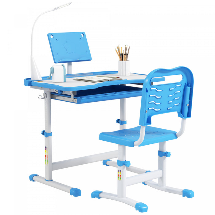 Qaba Kids Desk And Chair Set Height Adjustable Student Writing Desk Children School Study Table With Tilt Desktop, Led Lamp, Pen Box, Drawer, Reading Board, Cupholder, Blue