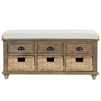 Harvey Solid Wood Storage Bench With Drawers And Rattan Baskets - Light Brown 