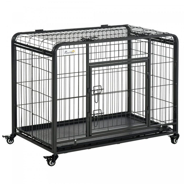 Pawhut Folding Heavy Duty Dog Crate Heavy Duty Cage For Medium Sized Dogs With Double Doors, Lockable Wheels Tray, 37\" X 23\" X 27\"