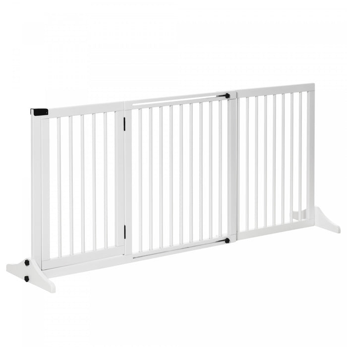 Pawhut Wooden Dog Gate, Freestanding Pet Fence For Stair, Doorway, 3 Panels W/ Door, Support Feet For Small Medium Dogs, White, 44.5\"- 65\"l X 28\"h