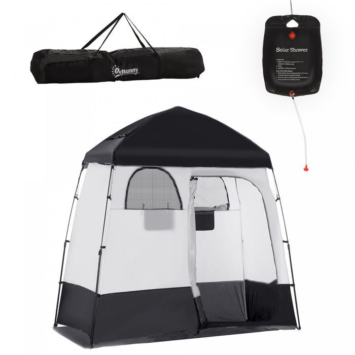 Outsunny Two Room Pop Up Shower Tent W/ Shower Bag, Floor, Carry Bag, Black