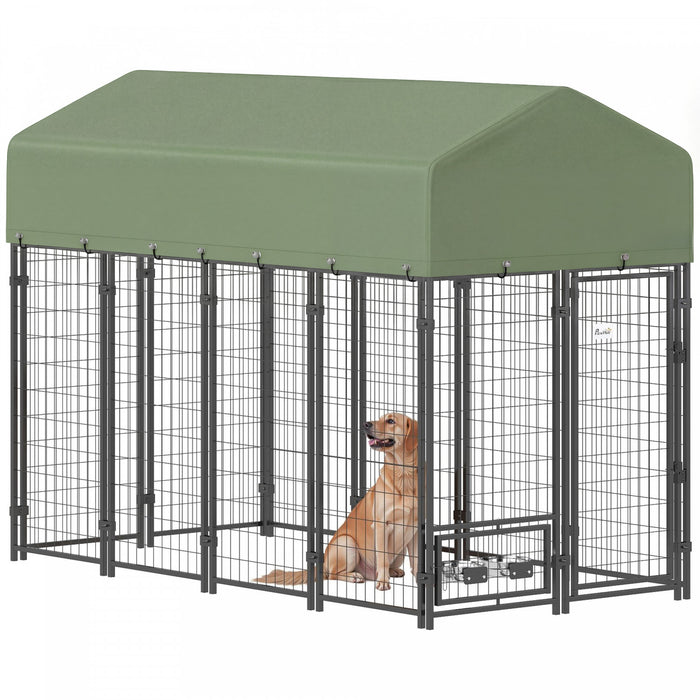 PawHut Outdoor Dog Kennel, Run, Large Wire Steel Fence, Lockable Pet Playpen Enclosure, with Water-, UV-Resistant Canopy Top, Door, Rotating Bowl Holders, 8ft x 4ft x 6ft, Green