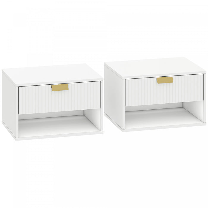 HOMCOM Floating Nightstands Set of 2 with Fluted Drawer Open Shelf White