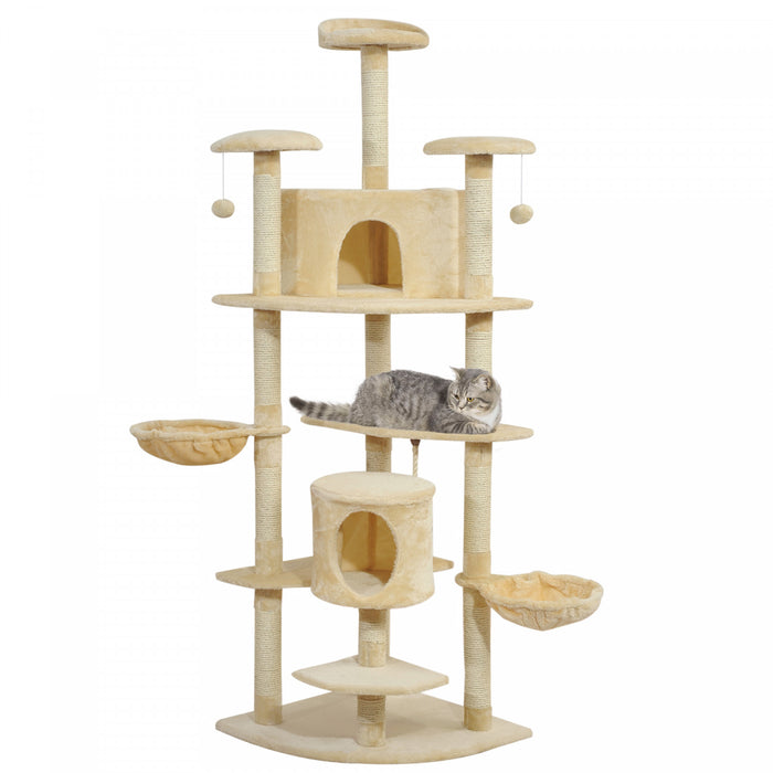 Pawhut 79\" Cat Tree Tower, Large Cat Condo Furniture, Multi-level Cat Tower With Scratching Posts, Cozy Hammock, Dangling Balls - Beige