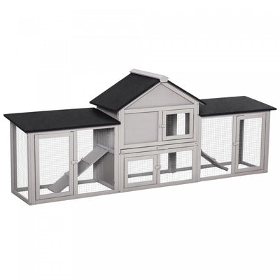 PawHut Large Rabbit Hutch Wood Bunny Cage Outdoor Guinea Pig House with Double Runs Slide Out Tray Ramps, 83"x18"x33", Grey