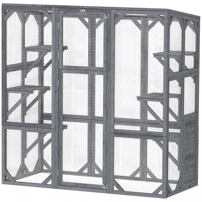 Pawhut Catio, Outdoor Cat Enclosure With 6 Jumping Platforms, Weatherproof Roof, Large Front Door, Wooden Cat House Cage For 1-3 Kittens, 59\" X 28\" X 60\", Grey