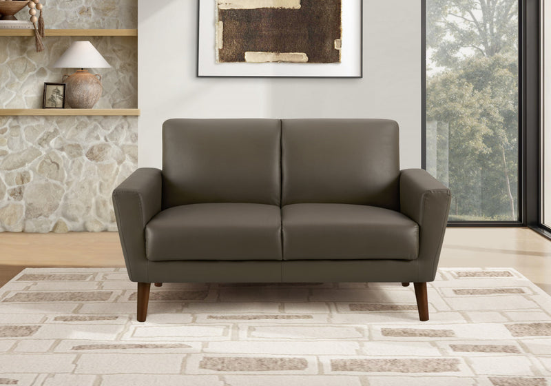 Upholstered Love Seat, 58\" L, Brown Leather-Look, Walnut Wood Legs, Mid-Century, Modern Loveseat