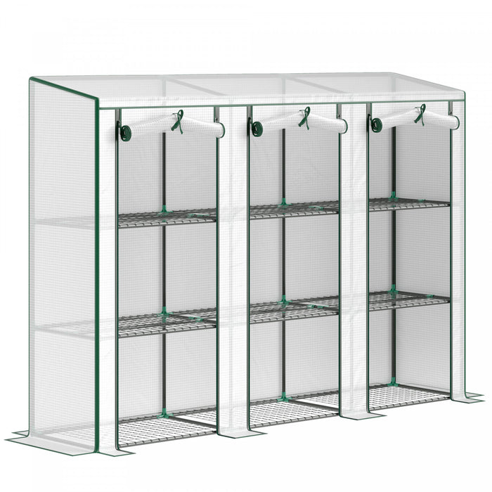 Outsunny Lean-to Mini Greenhouse W/ 3 Tier Shelves, 3 Roll-up Doors, White