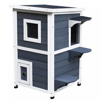Pawhut 2 Story Outdoor Cat House, Outdoor Cat Enclosure Wooden Cat Shelter With Windows, Platforms,