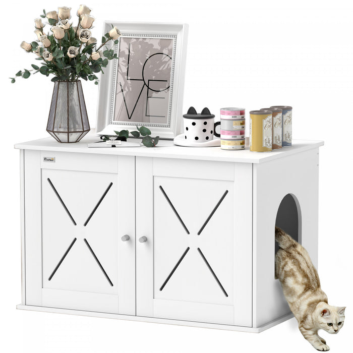 Pawhut Cat Litter Box Enclosure, Hidden Washroom Furniture With Doors, Cat Hole, Handles, Indoor Pet House Side End Table Fit Most Of Cat And Litter Box, 31.5\" X 19\" X 20\", White