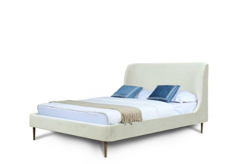 Heather Mid-Century Modern Velvet Upholstered Full Bed in Cream and Gold