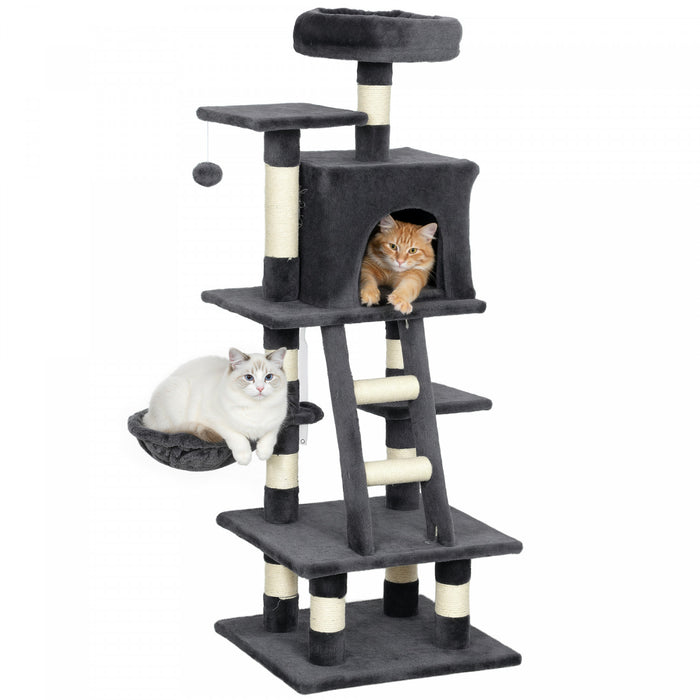 PawHut Cat Tree, Cat Tower for Indoor Cats with Sisal Scratching Post, Cat Condo, Hammock, Bed, Ladder, Platforms, Toy Balls for Kittens, Dark Grey