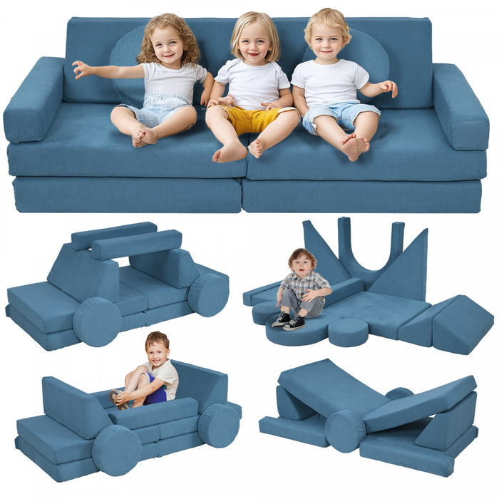 Qaba 12-piece Modular Kids Play Couch Building Fort For Playroom Bedroom, Convertible Kids Sofa Foam And Floor Cushion, Boys And Girls, Blue