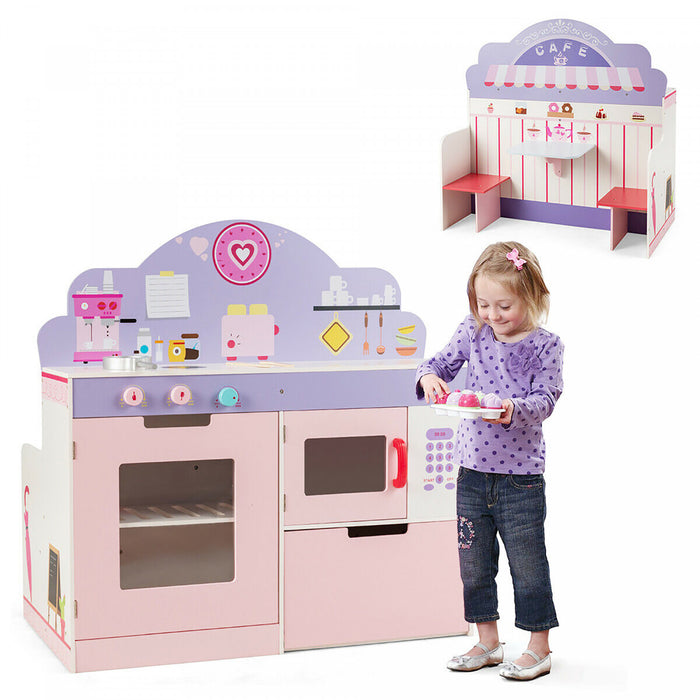 Costway 2 In 1 Kids Play Kitchen & Cafe Restaurant Wooden Pretend Cooking Playset Toy