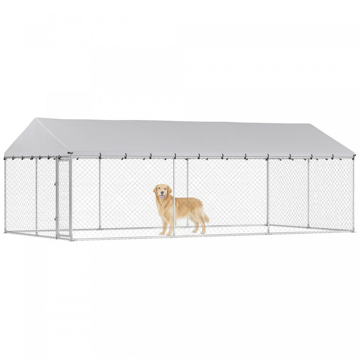 PawHut Large Dog Kennel with Roof and Safety Lockable Latches, Heavy-Duty Galvanized Steel Dog Run Chain Link w/ Waterproof UV-Resistant Cover, 19.7' x 9.8' x 7.1'