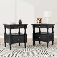 Aspen Nightstand Set of 2 with Drawers and Open Shelves, Black