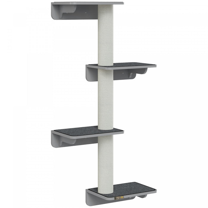 Pawhut Cat Wall Climber With 4 Platforms & 3 Scratching Posts, Wall-mounted Cat Shelf For Climbing And Lounging, Includes Soft Mats, Light Grey
