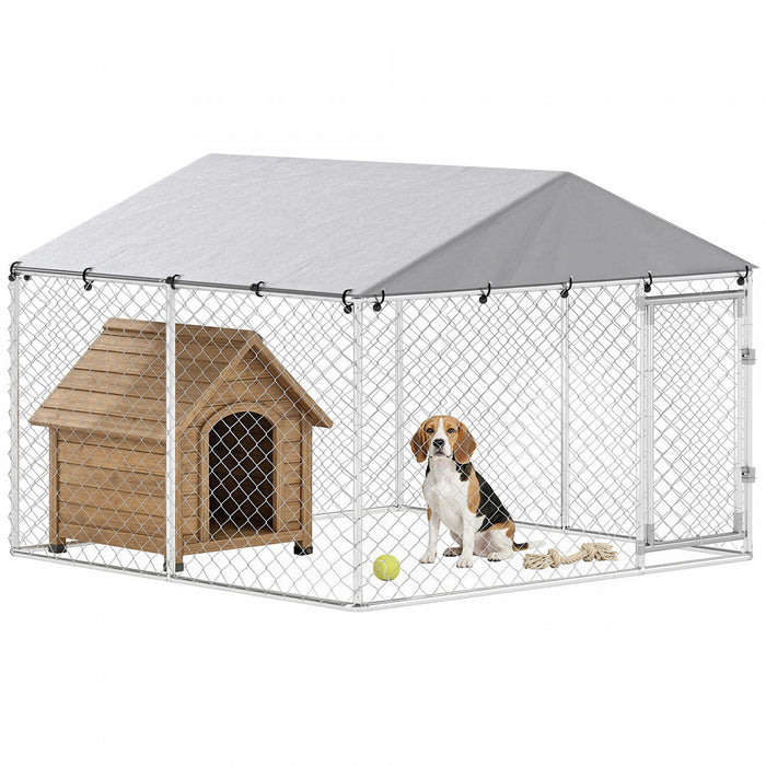 PawHut Outdoor Dog Kennel Dog Run with Waterproof, UV Resistant Cover, Double Secure Locks for Small and Medium Sized Dogs, 7.5' x 7.5' x 5.6', Silver