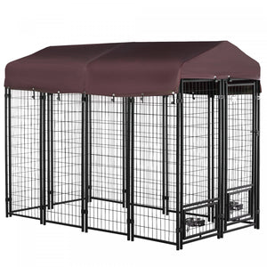 Pawhut Outdoor Dog Kennel, Lockable Pet Playpen Crate, Welded Wire Steel Fence, With Water-, Uv-resistant Canopy, Rotating Bowl Holders, Door, 8ft X 4ft X 6ft, Red