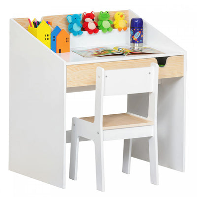 Qaba Kids Desk and Chair Set, 2 Pieces Children Study Table and Chair with Storage Pull-Out Drawer Bookshelf for 6-10 Years, Writing, Reading, Drawing, White and Natural