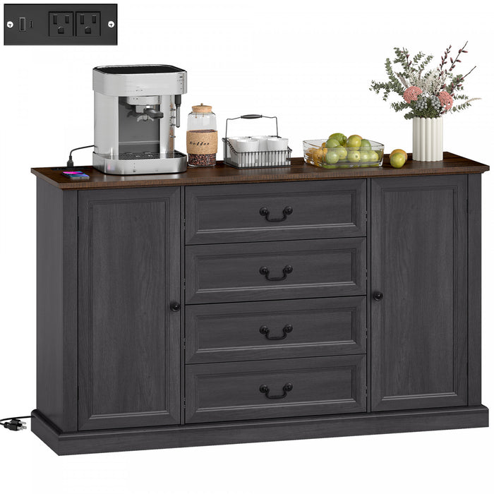 HOMCOM 58\" Sideboard Buffet Cabinet with Charging Station Black Wood Grain