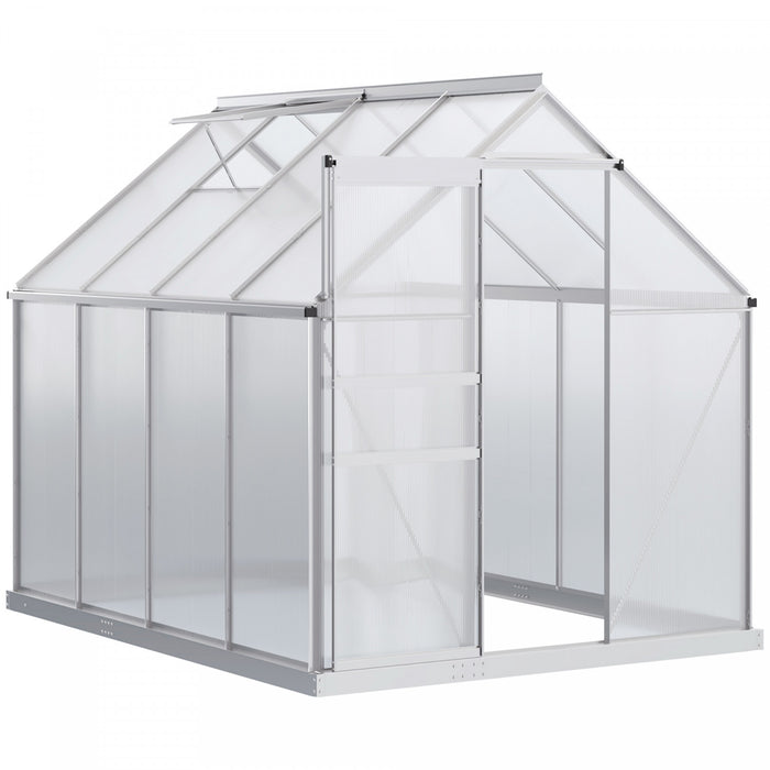 Outsunny 6' X 8' X 6.5' Polycarbonate Greenhouse, Walk-in Green House With Adjustable Roof Vent, Galvanized Base, Sliding Door And Rain Gutter For Outdoor, Garden, Backyard, Clear
