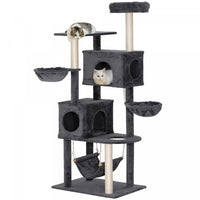 PawHut Cat Tree, 66 Inch Large Cat Tower with 2 Door Condos, 3 Big Hammocks, Plush Top Perch, Sisal Scratching Posts, Multi-level Kitty Tree for Indoor Kittens, Dark Grey