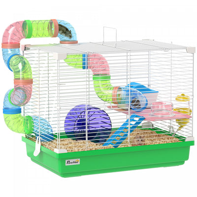 PawHut 18"L Hamster Cage, Small Animal House, 2-Level Rat Gerbil Haven with Tunnel Tube System, Exercise Wheel, Water Bottle, Food Dish, Ramp, Green
