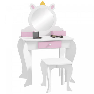 Qaba Kids Vanity Set With Mirror And Stool, Makeup Vanity Table For Children 3-6 Years Old, With Dra|Qaba Coiffeuse Pour Enfants Avec Miroir Et Tabouret, Coiffeuse Pour Filles Avec Tiroir, Boites De Ra