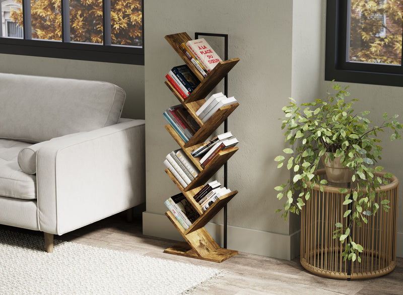 46” Tree Bookshelf With 8 Shelves – Brown Reclaimed Wood With Black Metal