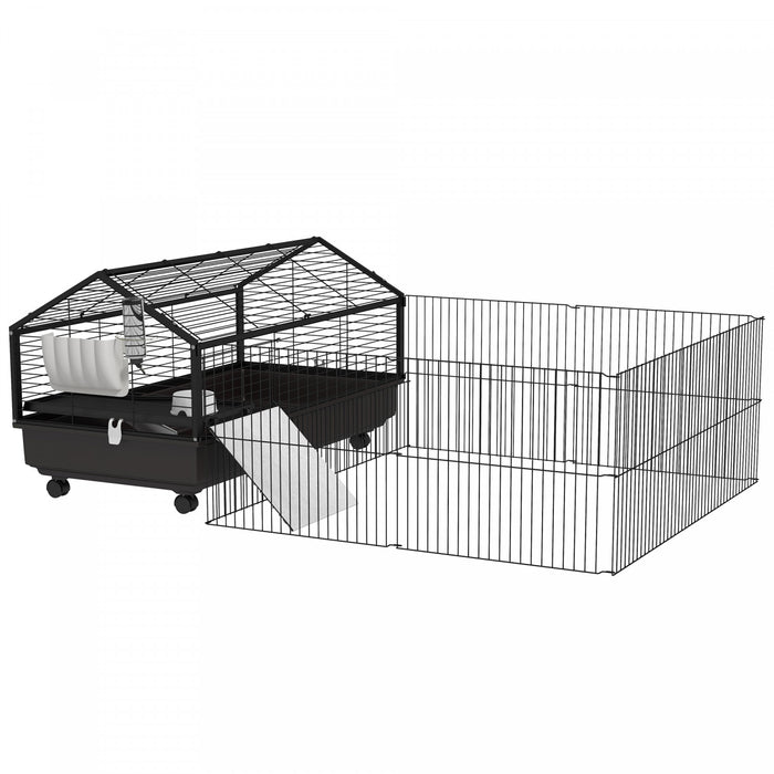 Pawhut Metal Small Animal Cage, Rabbit Cage For Guinea Pig, Chinchilla, Hedgehog, Bunny With Removable Wheels And Foldable Detachable Run Fence 47.2\" L X 66.9\" W X 24.4\"h