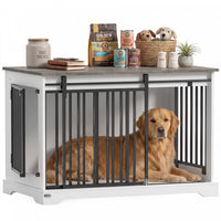 PawHut Dog Crate Furniture, 100 cm Wooden Dog Kennel Indoor Double Door with Sliding Barn Door, Decorative Pet Kennel End Side Table for Large Breeds, White