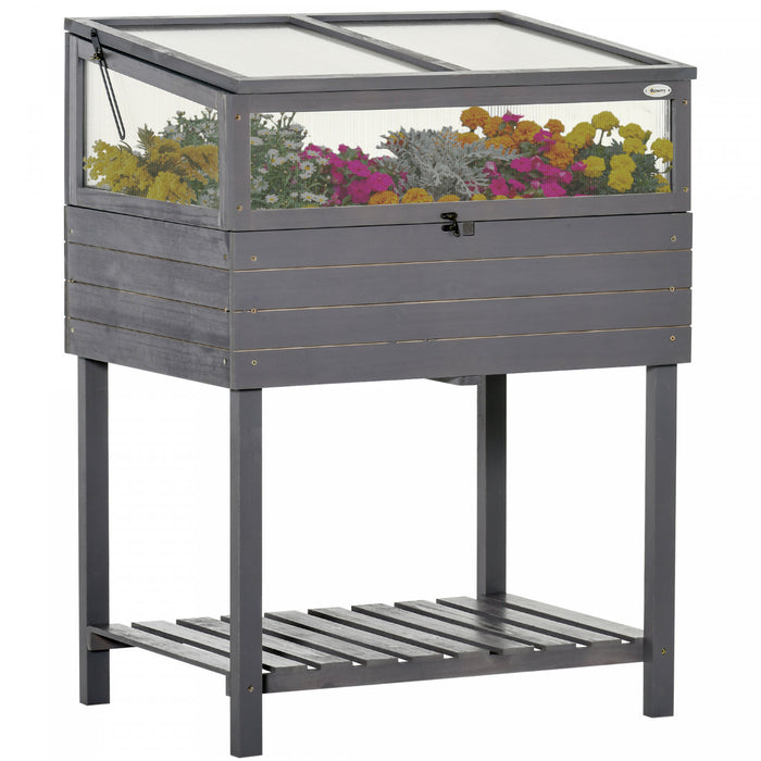 Outsunny Raised Garden Bed With Cold Frame Greenhouse, Grow Grids And Storage Shelf, Outdoor 2 Tiers Elevated Wood Planter Box For Herbs And Vegetables, Use For Patio, Backyard, Balcony