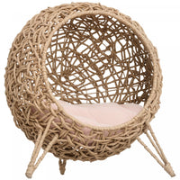Pawhut Rattan Cat House, Wicker Kitten Bed With Cushion, Elevated Pet Bed For Indoor Cats, Natural Wood