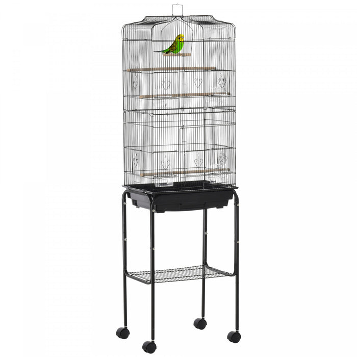 Pawhut 62\" Bird Cage Budgie Cage With Wheels, Detachable Stand, Storage, Black