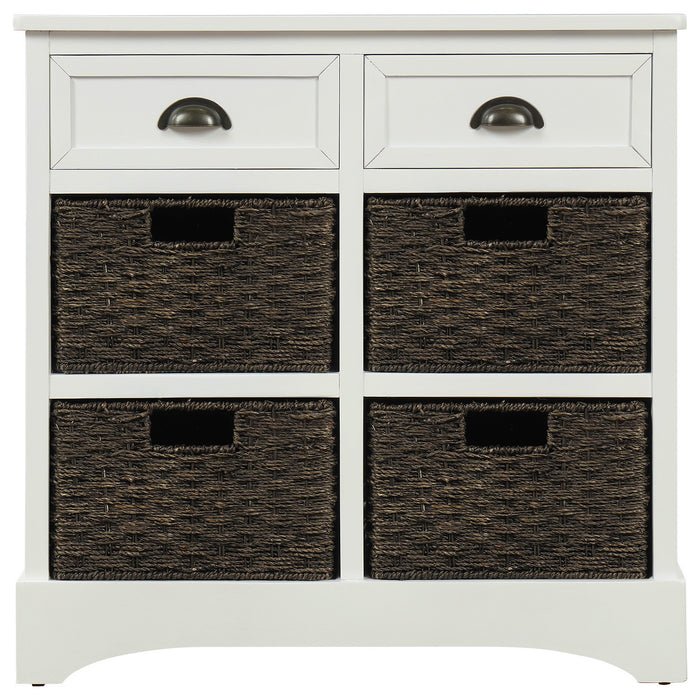 Tobey Solid Wood Storage Cabinet With 2 Drawers And 4 Rattan Baskets,white Accent Cabinet