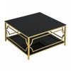 Gleam 33.5 Inch Square Tempered Glass Coffee Table with Geometric Gold Frame and Lower Shelf, Black | Gleam Table Basse Carree en Verre Trempe 33.5 po avec Cadre Geometrique Dore et Etagere Inferieure, Noir
