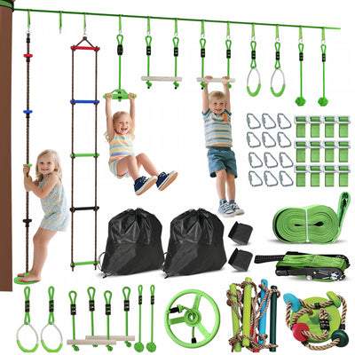 Qaba Obstacle Course for Kids, 32.8ft 10 Piece Zip Line Stackline for Kids, with 2 Monkey Bars, 2 Gym Rings, Rope Ladder, Nest Swing, Tree Protector, Bags, Hanging Tray, Rope Knots