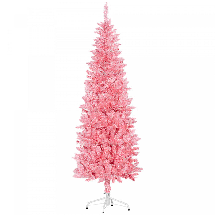 Homcom 6ft Tall Pencil Artificial Christmas Tree With Steel Base, Pink
