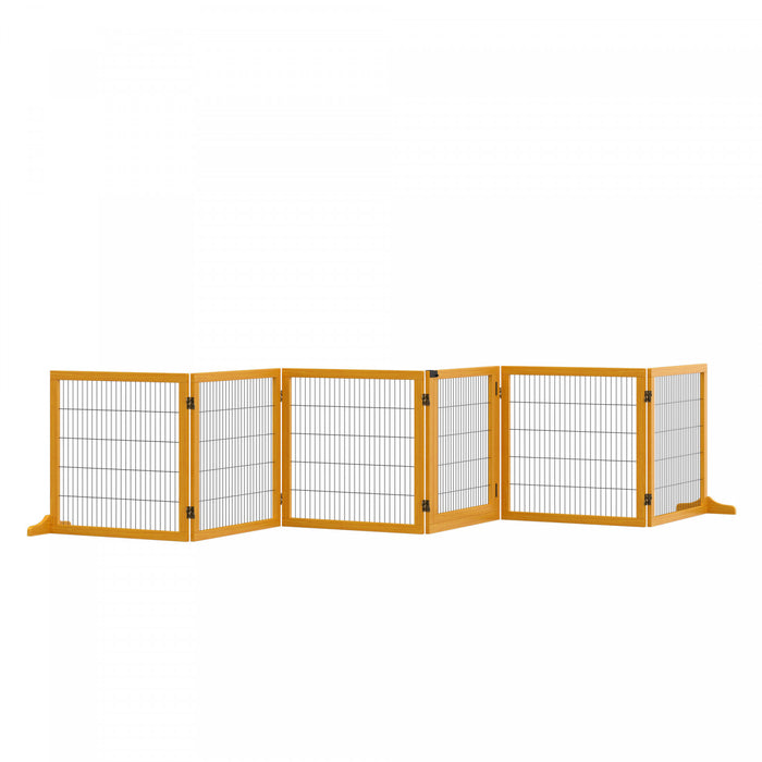 Pawhut Wooden Pet Gate, Dog Safety Barrier, Freestanding Foldable Fence, W/ 6 Panels, 2 Support Feet, For House Doorway Stairs, Small & Medium Dogs, Yellow