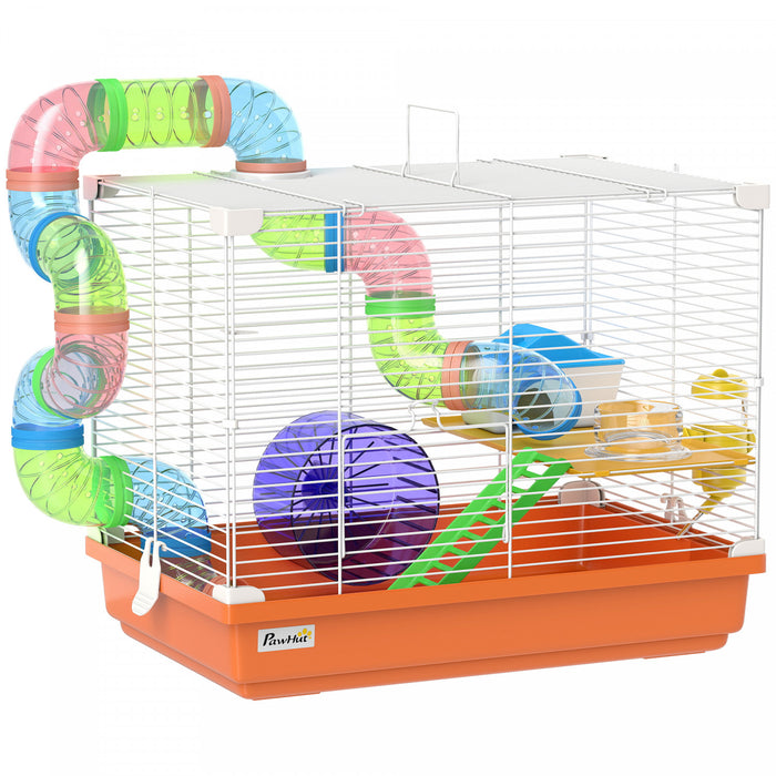 PawHut 18\"L Hamster Cage, Small Animal House, 2-Level Rat Gerbil Haven with Tunnel Tube System, Exercise Wheel, Water Bottle, Food Dish, Ramp, Orange