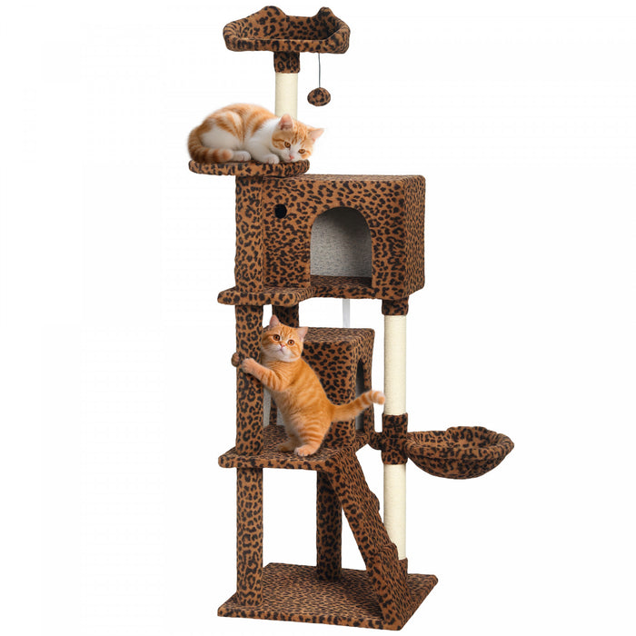 PawHut Cat Tree, 63 Inch Multi-Level Large Cat Tower with Sisal Scratching Posts, Condos, Plush Perches, Hammock, Ladder, Dangling Balls, for Indoor Kittens, Leopard Print