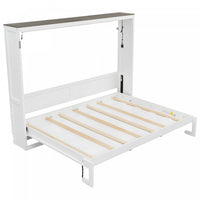 Olivia Solid Wood Murphy Bed with LED Light and Foldable Cabinet,Full Size,White Full Bed